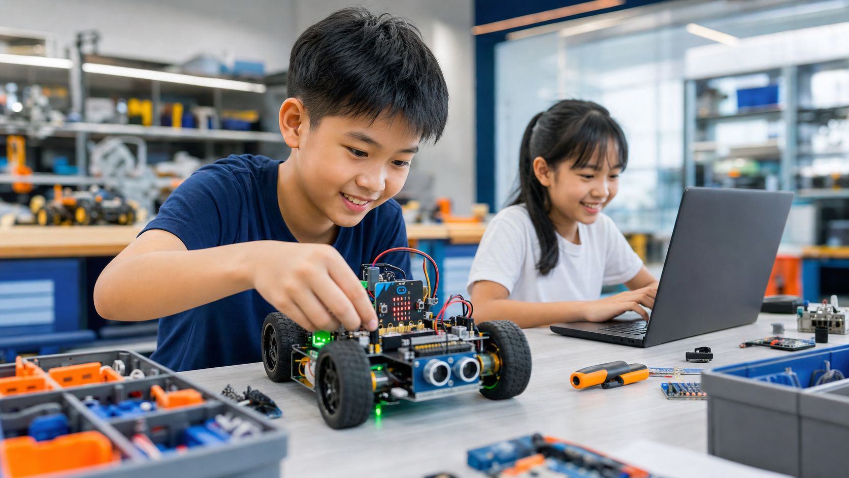 Students testing a Microbit Robotics car project